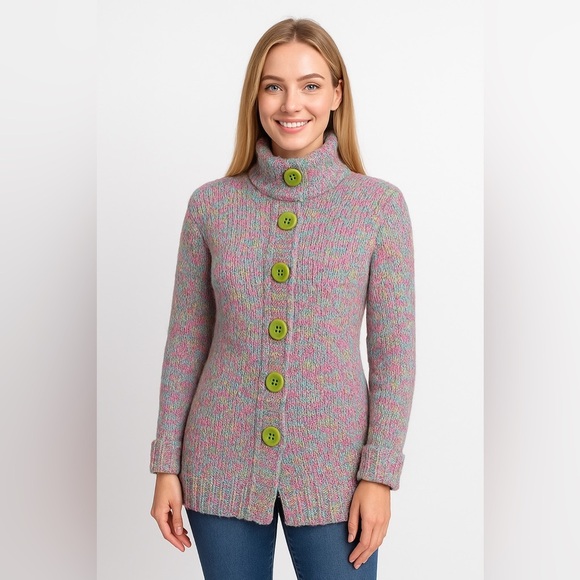 Cozy Pink and Green Button-Up Turtleneck Sweater - Picture 1 of 8